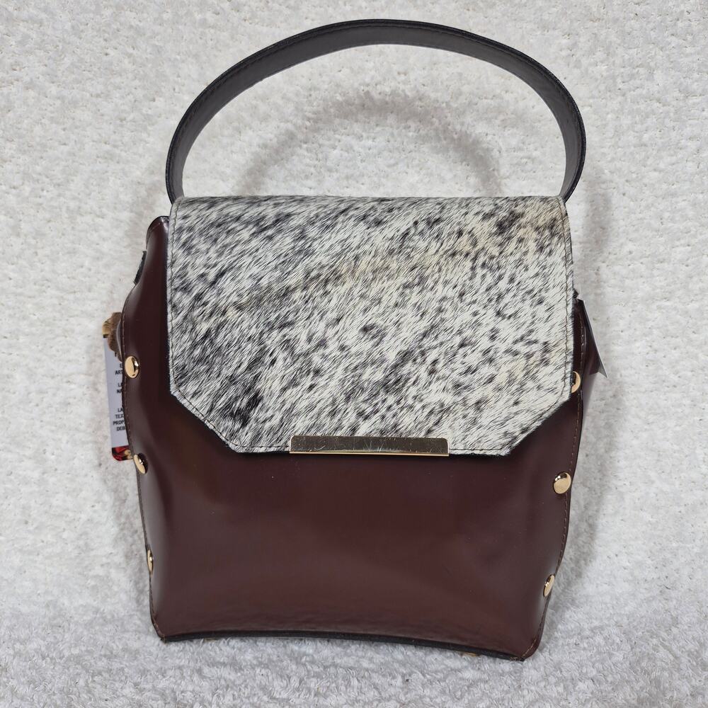 Artisanal Brown Leather Handbag with Cowhide Flap & Gold-Tone Hardware